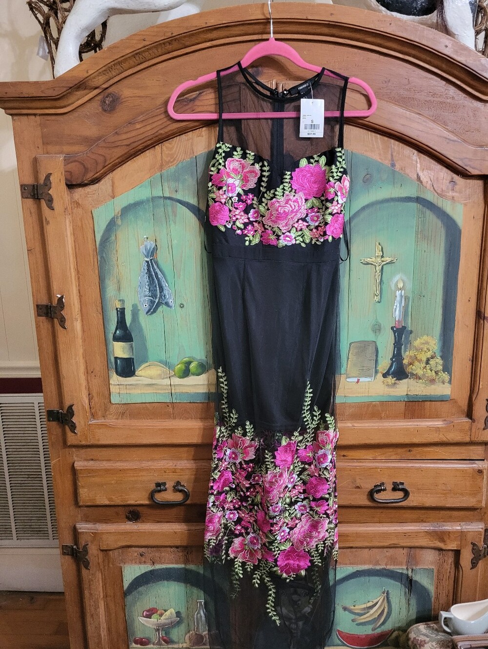 Forever 21 Black Sheer Maxi Dress with Pink Floral Embroidery
